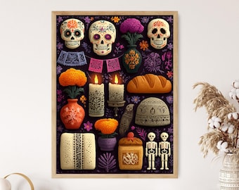 Dà de los Muertos Kunstdruck: Sugar Skulls, Ringelblumen, Folkloristisches Design