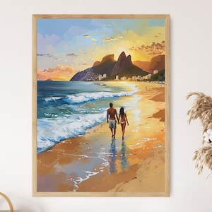 Romantic Evening Stroll on Ipanema Beach Illustration Print, Vibrant Wall Art, Brazilian Beachscape Decor, Unique Housewarming Gift