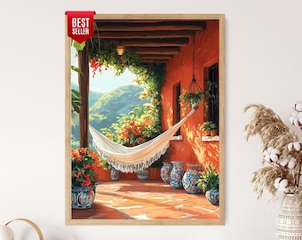 Salwadorskie patio Art Print, plakat Hamaca y Cerámica, ilustracja wystroju tropikalnego
