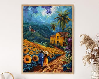 Mexican Sunflower Field Art: Colorful Farmhouse Canvas Painting