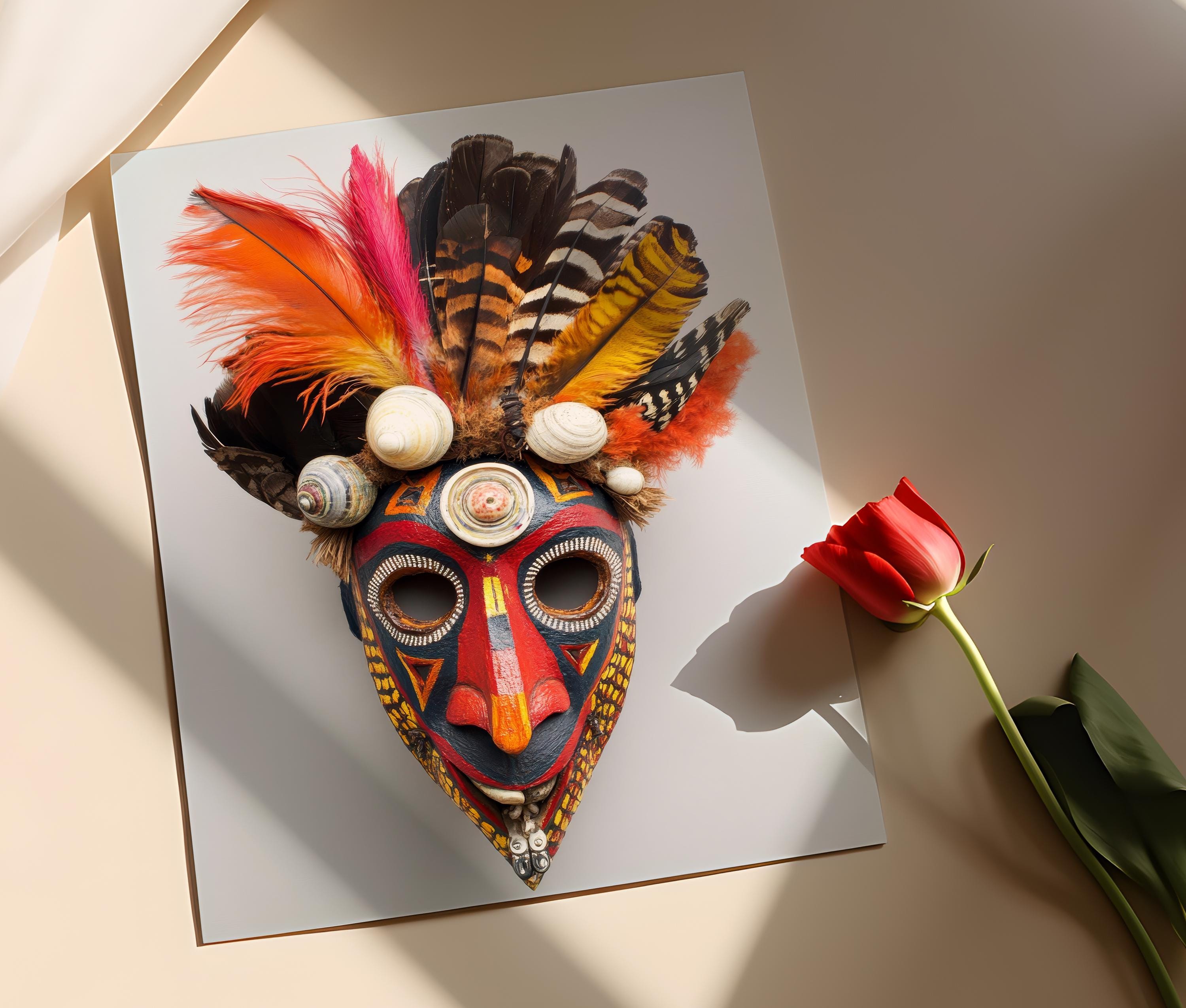 パプアニューギニアの部族マスクのアートプリント、大胆な模様と羽