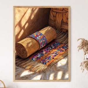 May include: A framed print featuring a rolled woven mat with a colorful beaded band and a matching rectangular mat. The mats are in shades of brown, orange, blue, and purple. The scene is lit by sunlight.