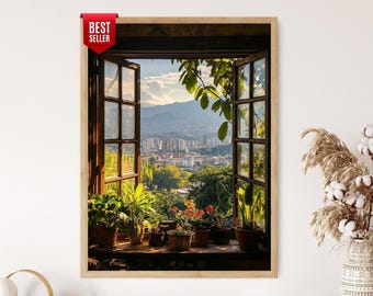May include: A framed print of an open window overlooking a city and mountains. The window is wooden, with plants and flowers in pots on the sill. The sky is blue with clouds, and the print has a "Best Seller" sticker.