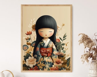 Ilustración de niña kokeshi, arte mural infantil japonés