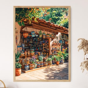 May include: A framed print depicting a colourful outdoor market. The image features a range of pottery, hanging baskets, and potted plants. The market is shaded by a terracotta-tiled roof and greenery, creating a warm, inviting atmosphere.