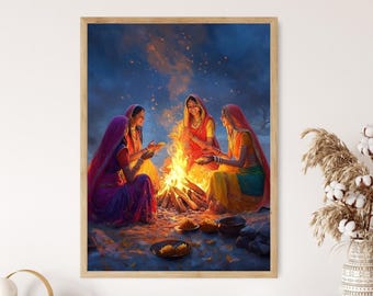May include: A framed print depicts four women in colorful traditional attire gathered around a bonfire. The women are illuminated by the fire's glow, with plates of food nearby. The artwork has a warm, inviting feel.