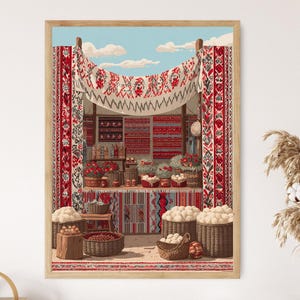 Sardischer Teppich Marktstand Poster, Insel Textil Display Kunst, Flache Vektor Kulturelle Handwerksszene