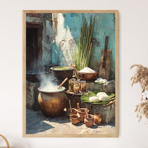 May include: A framed print depicting a traditional outdoor cooking scene. A large, steaming pot sits in the foreground, with other pots, bowls, and ingredients arranged around it. The artwork features a rustic aesthetic with warm, earthy tones.