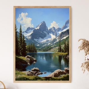Rocky Mountains Colorado Art Print, Snow-Capped Peaks and Alpine Lake