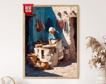 Mexican Abuela Tortilla Art Print: Traditional Courtyard Food Poster