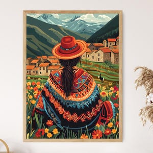 May include: A woman wearing a red hat and a colorful patterned poncho sits in a field of flowers. The background shows a small village nestled in a mountain valley.