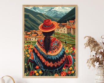 May include: A woman wearing a red hat and a colorful patterned poncho sits in a field of flowers. The background shows a small village nestled in a mountain valley.