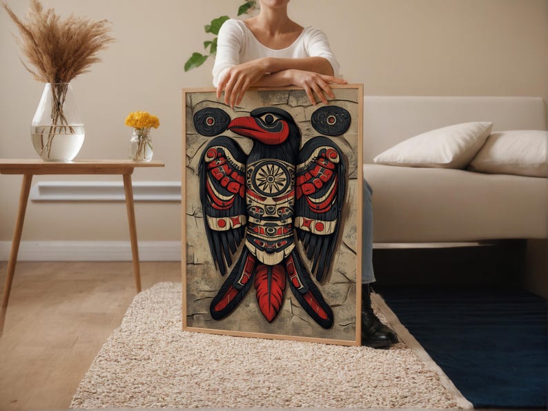 Haida raaf totempaneel illustratie, traditioneel houten ornament Art Print afbeelding 3