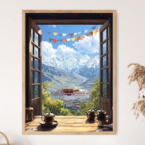 May include: A wooden window frame with a view of a mountain range and a building with a red roof. The window is open and there are colorful flags hanging from the top of the frame. There are two teapots and a cup on a wooden table in front of the window.