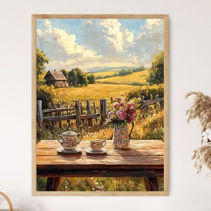 May include: A painting of a rustic countryside scene with a wooden table set with a teacup and saucer, a teapot, and a vase of flowers. The table is set in front of a wooden fence and a small farmhouse in the distance. The sky is blue with white clouds.