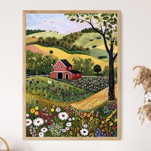 Volkskunst Barn and Fields - charmante op oma Moses geïnspireerde print