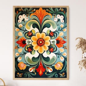 Rosemaling Botanical Art Print, Scandinavian Folk Flowers, Nordic Floral Decor, Folk Art Wall Art, Scandinavian Design, Flower Pattern