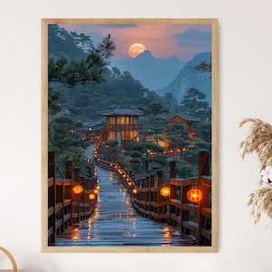 Korean Moon Festival Poster | Lantern-Lit Pathways and Full Moon Print | Traditional Korean Landscape Artwork for Home Decor