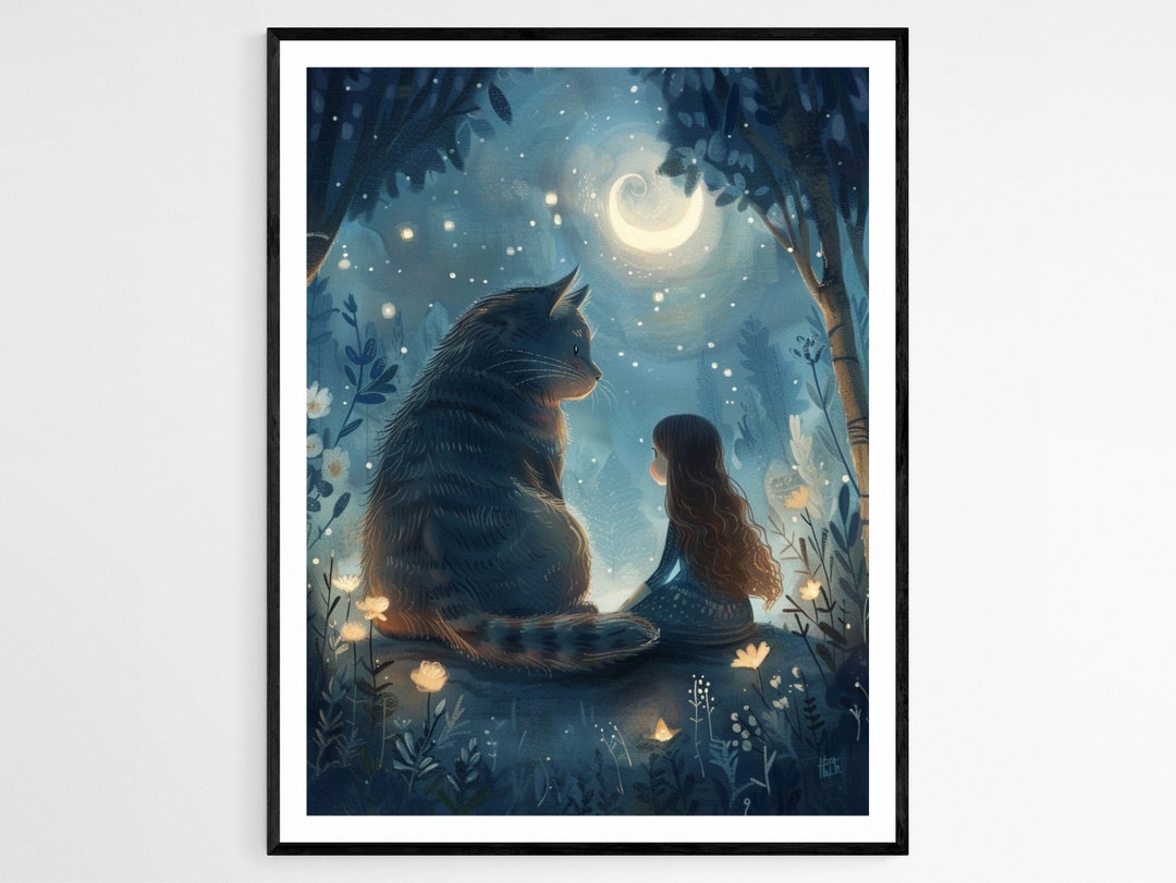 Girl and Cat Art Print: Whimsical Room Decor - Etsy