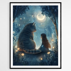 Compañeros caprichosos: ilustración de niñas y gatos, obras de arte encantadoras para la habitación, regalo ideal para inauguración de la casa