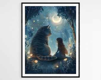 Girl and Cat Art Print: Whimsical Room Decor