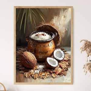 Könnte beinhalten: Ein gerahmter Druck mit einem Stillleben. Ein hölzerner Topf mit weißem Reis steht auf einer gewebten Matte, zusammen mit einer ganzen Kokosnuss und zwei Hälften. Rote Chilischoten und Kokosraspeln sind verstreut.