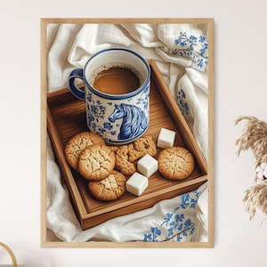 Swedish Fika Tray with Cookies and Dala Horse Napkin, Scandinavian Coffee and Biscuit Scene Wall Art