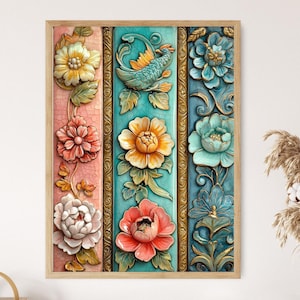 Könnte beinhalten: Ein rechteckiges Wandbild in einem Holzrahmen mit drei vertikalen Paneelen und floralen Reliefmustern. Das linke Paneel ist rosa, das mittlere türkis mit einem Vogel und das rechte blau. Jedes Paneel zeigt plastisch geformte Blumen und Blätter.
