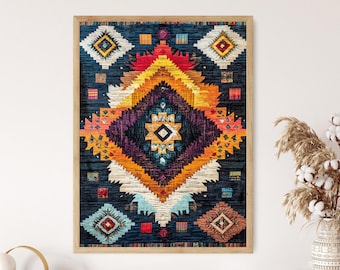 May include: A framed print of a colorful geometric pattern with a dark blue background. The pattern features a central diamond shape with a variety of colors, including orange, yellow, red, purple, and green.