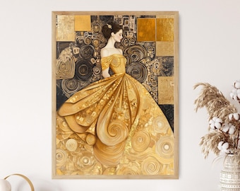 Klimt Inspired Woman in Gold Art Print, Geometric Patterns and Swirls