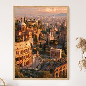 Puede incluir: Una impresión de arte mural vertical enmarcada que representa una vista aérea de antiguas ruinas romanas, incluido el Coliseo, bañada por la cálida luz dorada del atardecer. La escena presenta arcos de piedra, columnas y cipreses.