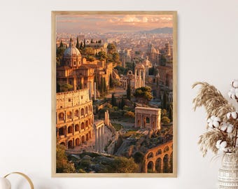 古代ローマ帝国首都の絵画、ローマのフォロ・ロマーノとコロッセオのファインアートプリント