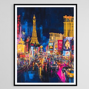 Impresión artística de Las Vegas Strip, luces de neón y acción en el casino