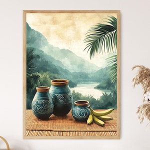 Peut inclure: Impression d'art encadrée à l'aquarelle représentant trois vases en céramique bleus avec des motifs tourbillonnants et des bords marron. Un régime de bananes repose à côté des vases sur un tapis tissé. Le fond montre un paysage brumeux.