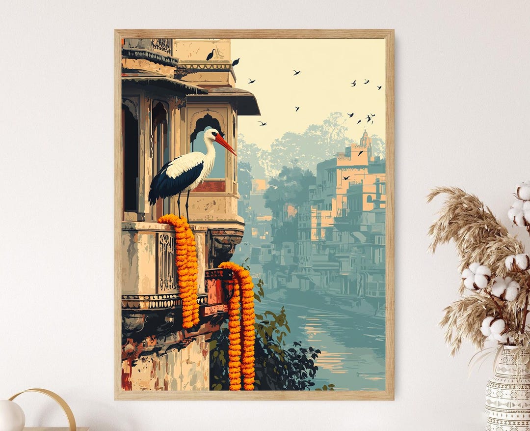 Haweli Vector Varanasi Stork on Haveli Rooftop Poster, Indian River City Bird Scene ...