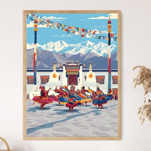 May include: A framed art print depicting a vibrant cultural scene. The artwork showcases dancers in colorful costumes, a traditional building, and snow-capped mountains under a blue sky. Prayer flags and tall poles add to the scene's cultural richness.
