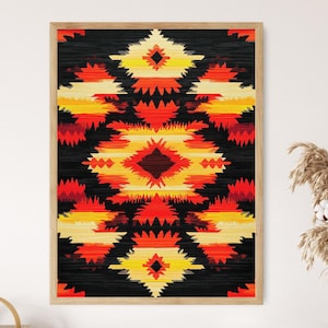 Op de afbeelding: Een ingelijste print van een geometrisch patroon in tinten rood, oranje, geel en zwart. Het patroon doet denken aan Native American textiel.