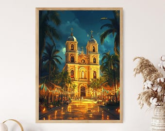 Maracaibo Basilica Illustration: Our Lady of Chiquinquirá, Palm Plaza, Festive Lights Art Print