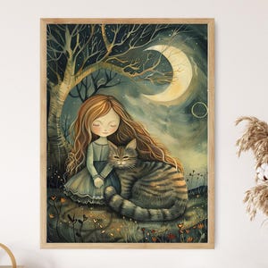 Impresión artística de niña y gato caprichosos, decoración de pared encantadora, perfecta para guardería o dormitorio, regalo de arte único