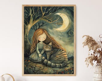 Whimsical Girl and Cat Art Print: Dreamlike Nursery Decor