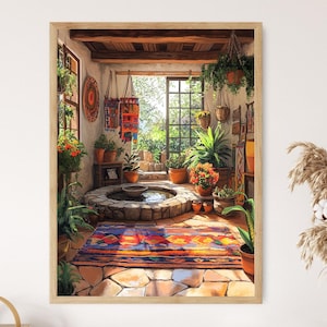 May include: A colorful rug with geometric patterns sits in front of a stone fountain in a sunlit room with a large window. The room is decorated with plants and hanging tapestries.