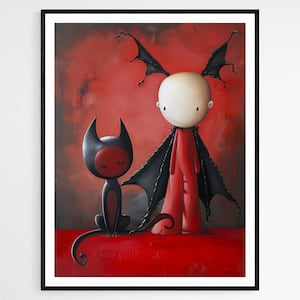 Lámina artística de un lindo diablo y un gato, decoración de pared gótica y caprichosa, ilustración de fantasía en rojo y negro, póster peculiar de Halloween.