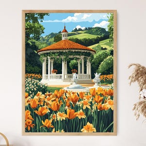 Tschechischer Gartenpavillon mit Efeu, Puttenbrunnen und Frühlingstulpen, romantische europäische Hof-Wandkunst