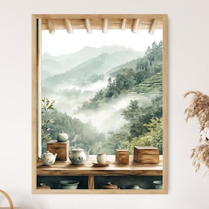 May include: A watercolour painting of a window view with a misty green mountain landscape. The window is framed in wood and has a wooden ledge with a teapot, teacups, and small wooden boxes.