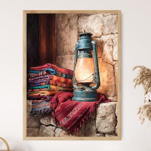 Lampe à huile péruvienne avec textiles tissés andins, motifs en laine d&#39;alpaga aux lueurs chaudes, affiche murale en pierre rustique impression d&#39;art aquarelle