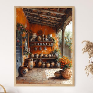 May include: A painting of a terracotta-colored building with a covered patio. The patio is decorated with a collection of pottery in various sizes and designs. The pottery is arranged on shelves and tables. There are orange flowers in a pot on the patio.