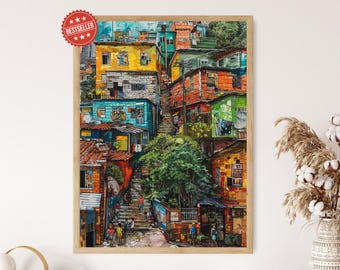 Brazilian Favela Print, Colorful Brazilian Slum Art, Vibrant Wall Decor, Rio de Janeiro Street Scene, Hand-Painted Favela Artwork