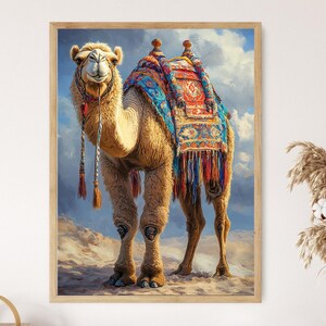 May include: A framed print of a camel standing on sand, set against a cloudy blue sky. The camel is tan with a colorful saddle and decorative tassels. The artwork has a warm, inviting color palette.