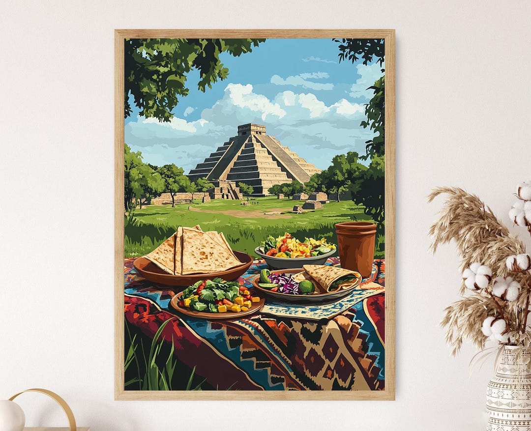 Teotihuacán Picnic Art Print, Mexican Pyramid Scene, Aztec