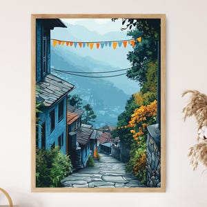 Darjeeling West Bengal Gasse Szene, Gebetsfahnen Poster, Himalaya Dorf Gemälde, Flache Vektor Kunst Druck